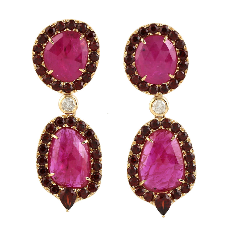 Natural Ruby & Garnet Dangle Earrings 18k Yellow Gold Diamond Jewelry Gift