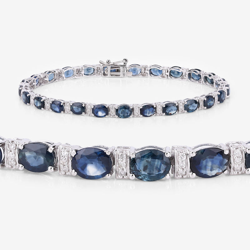 8.76 Carat Genuine Blue Sapphire and White Diamond 14K White Gold Bracelet