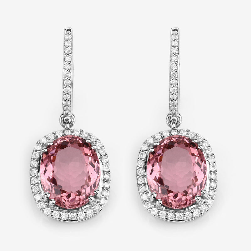 8.90 Carat Genuine Baby Pink Tourmaline and White Diamond 14K White Gold Earrings