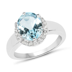 3.47 Carat Genuine Blue Topaz & White Topaz .925 Sterling Silver Ring