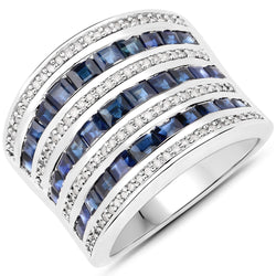 3.44 Carat Genuine Blue Sapphire and White Diamond .925 Sterling Silver Ring