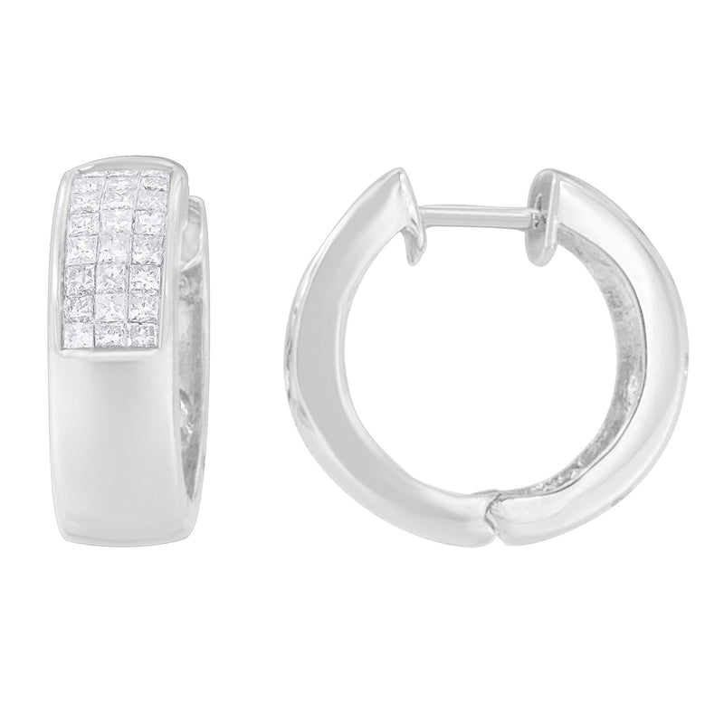 14K White Gold 1 1/8 cttw Princess and Round Cut Diamond Huggie Earrings (H-I, VS1-VS2)