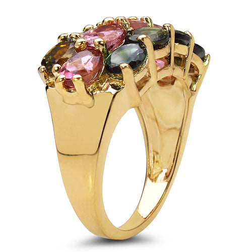 14K Yellow Gold Plated 4.58 Carat Genuine Multi Tourmaline .925 Sterling Silver Ring