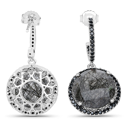 21.98 Carat Black Rutile and Black Spinel .925 Sterling Silver Earrings