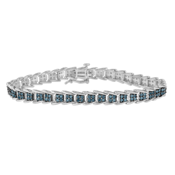 .925 Sterling Silver 2 cttw Treated Blue Diamond Fan-Shaped Nested Link 7" Tennis Bracelet (Blue Color, I3 Clarity) - Size 7"