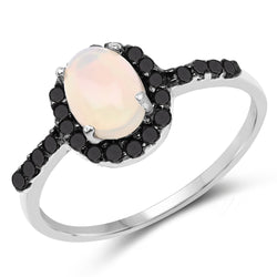 0.69 Carat Genuine Ethiopian Opal and Black Diamond .925 Sterling Silver Ring