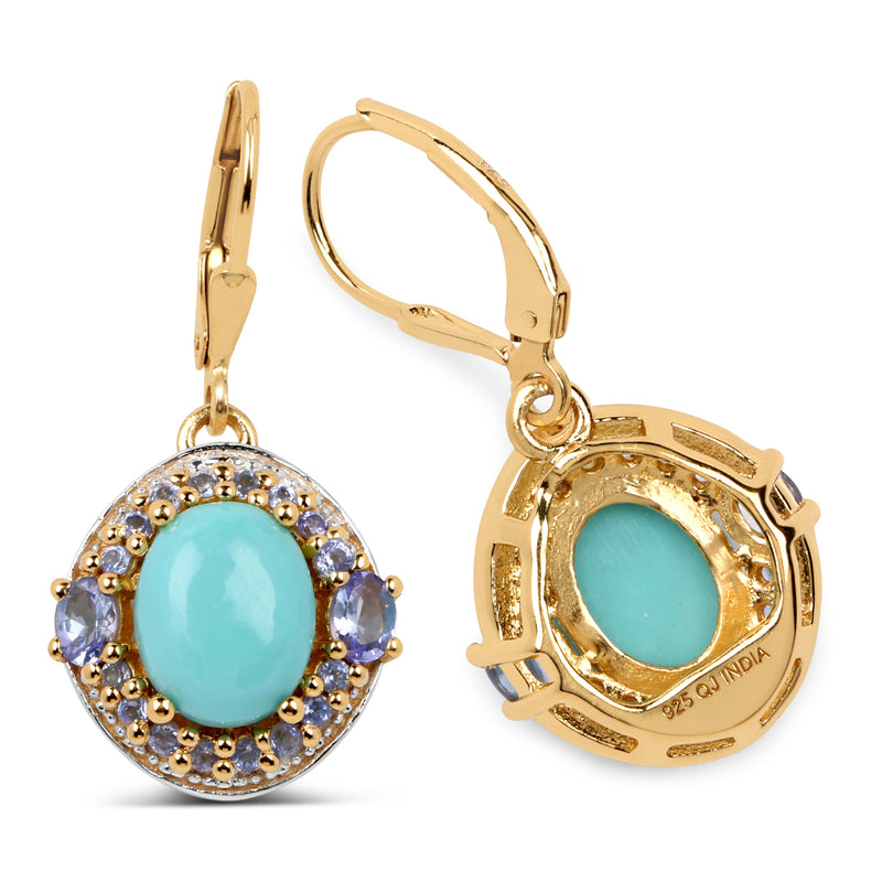 14K Yellow Gold Plated 5.72 Carat Genuine Turquoise & Tanzanite .925 Sterling Silver Earrings