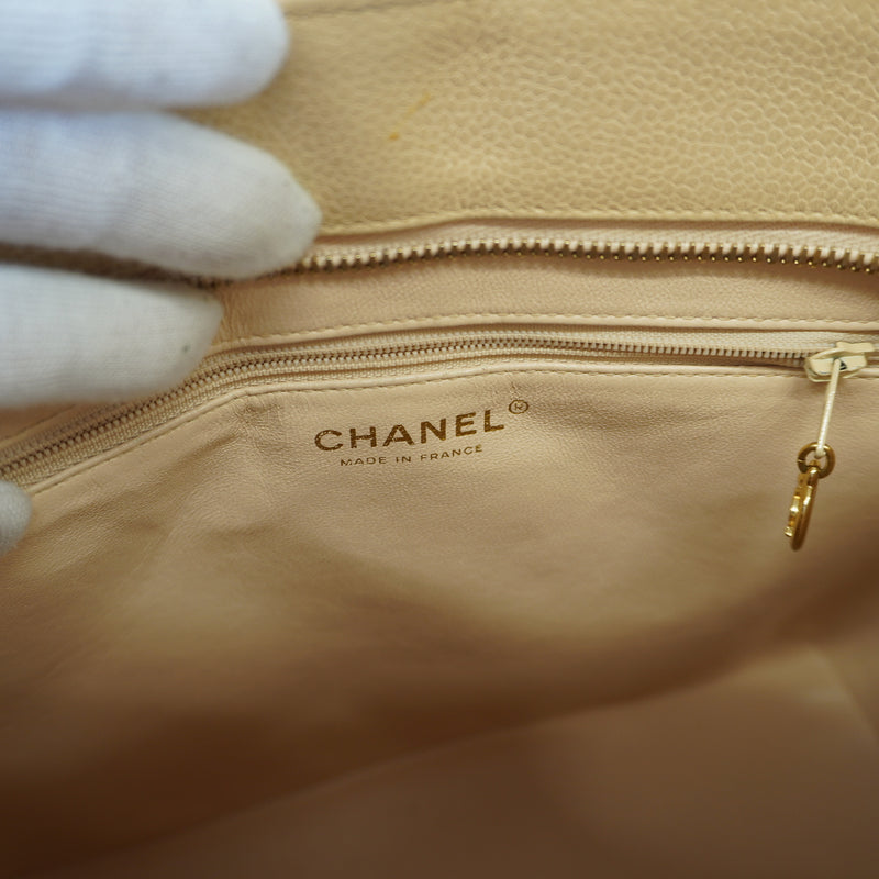 Auth Chanel Tote Bag Reprint Tote Caviar Skin Light Beige Gold Metal