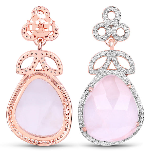 14K Rose Gold Plated 20.80 Carat Genuine Rose Quartz and White Topaz .925 Sterling Silver Earrings