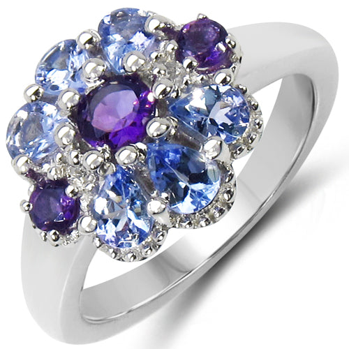 1.25 Carat Genuine Tanzanite, Amethyst & White Topaz .925 Sterling Silver Ring