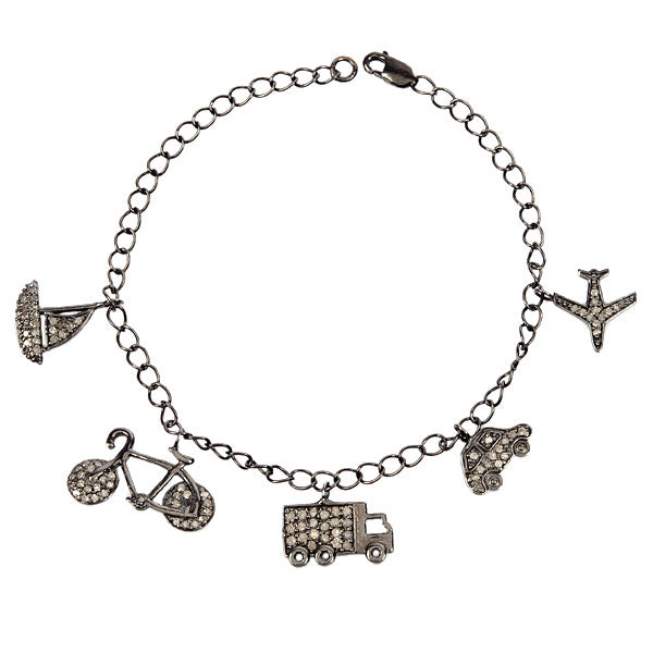 0.81ct Pave Diamond .925 Sterling Silver Vehicle Charm Bracelet Fashion Jewelry