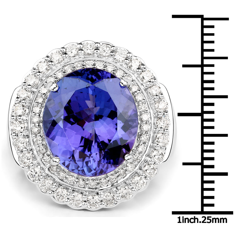 10.79 Carat Genuine Tanzanite and White Diamond 18K White Gold Ring