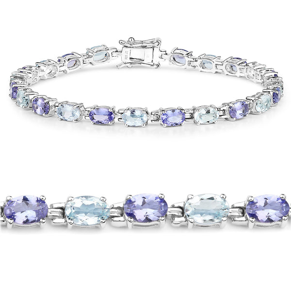 9.24 Carat Genuine Aquamarine and Tanzanite .925 Sterling Silver Bracelet