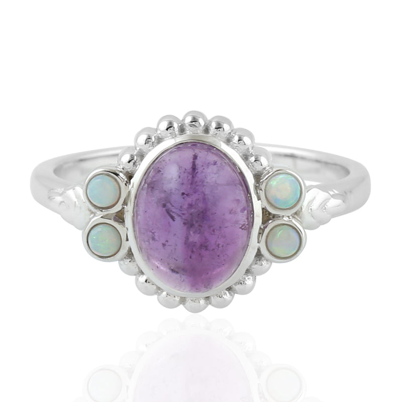 2.43ct Purple Amethyst & Precious Opals Band Ring 925 Sterling Silver Jewelry
