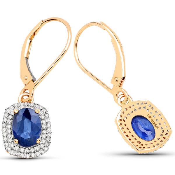 2.36 Carat Genuine Blue Sapphire and White Diamond 14K Yellow Gold Earrings