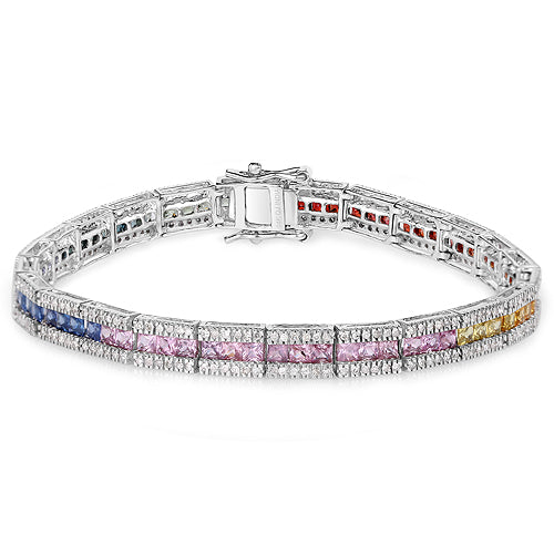 8.19 Carat Genuine Multi Sapphire and White Diamond 14K White Gold Bracelet