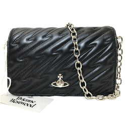Vivienne Westwood Quilted Chain Shoulder Clutch Bag Pochette Orb Black Leather 53020005