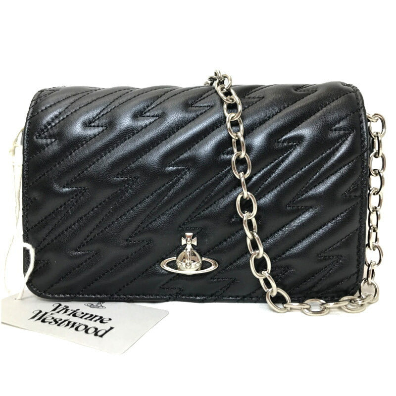 Vivienne Westwood Quilted Chain Shoulder Clutch Bag Pochette Orb Black Leather 53020005