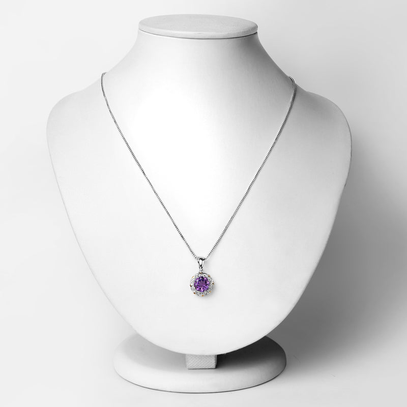 1.87 Carat Genuine Amethyst and White Diamond 14K Yellow Gold with .925 Sterling Silver Pendant