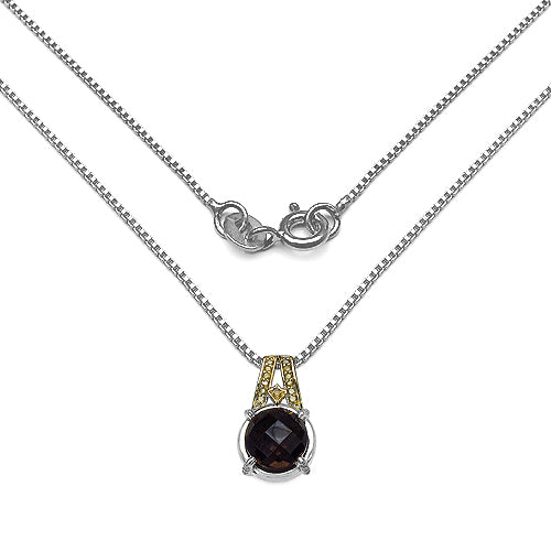 3.16 Carat Genuine Smoky Quartz, Yellow Diamond & White Diamond .925 Sterling Silver Pendant