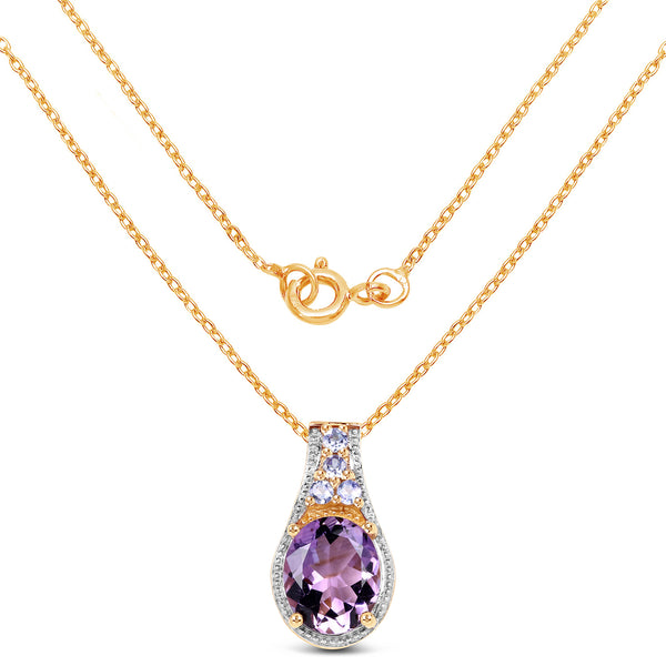 14K Yellow Gold Plated 4.11 Carat Genuine Amethyst & Tanzanite .925 Sterling Silver Pendant
