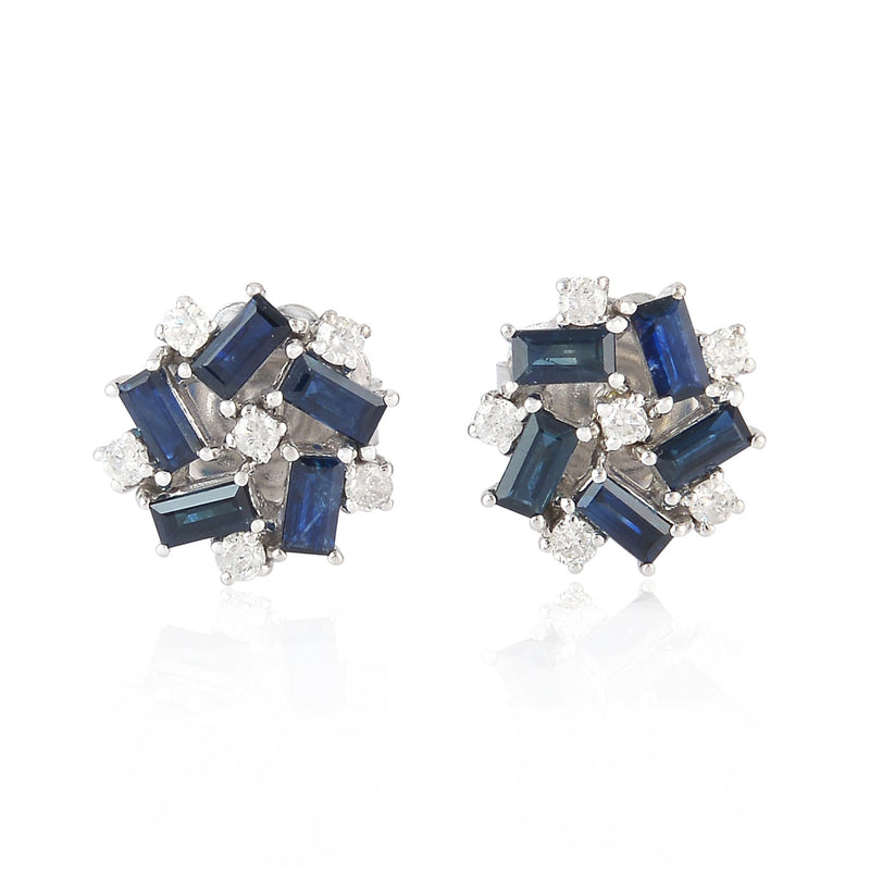 18K White Gold Diamond Sapphire Mini Stud Earrings Baguette Designer Jewelry
