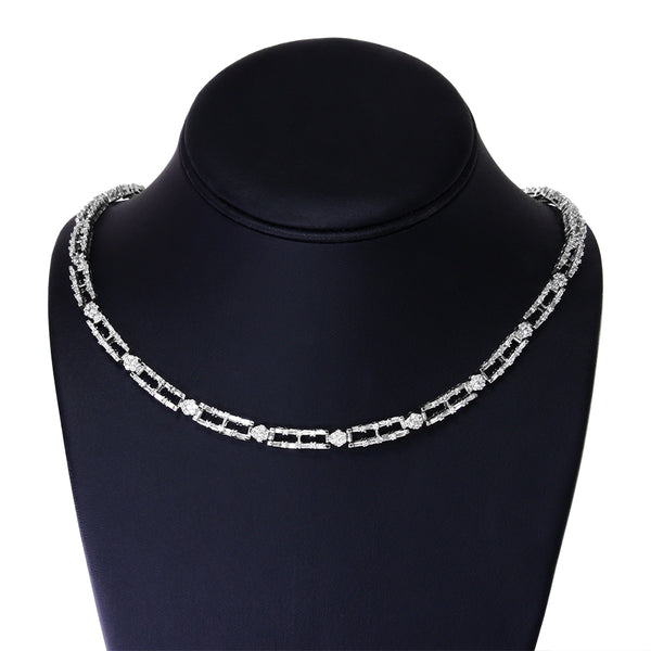 AGS Certified 14K White Gold 8 1/2 Cttw Diamond Alternating Bar and Floral Cluster Link 18" Choker Necklace (G-H Color, SI2-I1 Clarity)