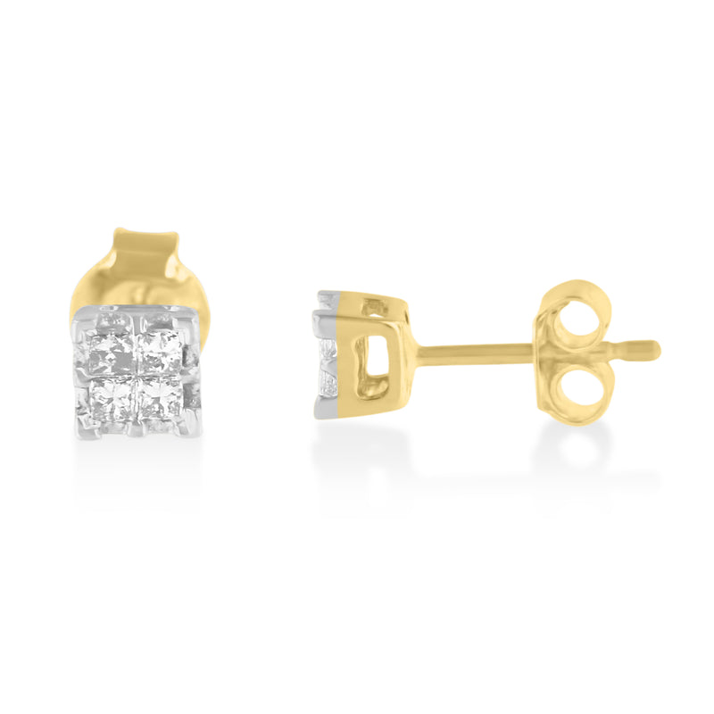 10k Yellow Gold Princess Diamond Quad Stud Earrings (1/4 cttw, J-K Color, I2-I3 Clarity)