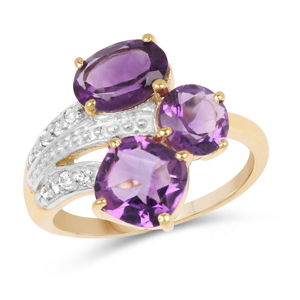 14K Yellow Gold Plated 3.15 Carat Genuine Amethyst and White Topaz .925 Sterling Silver Ring