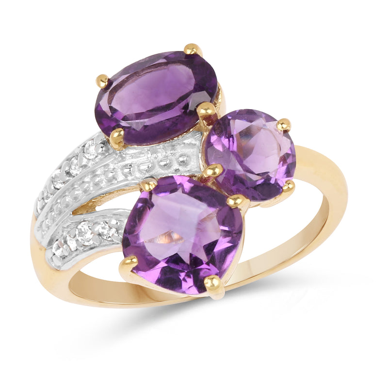 14K Yellow Gold Plated 3.15 Carat Genuine Amethyst and White Topaz .925 Sterling Silver Ring