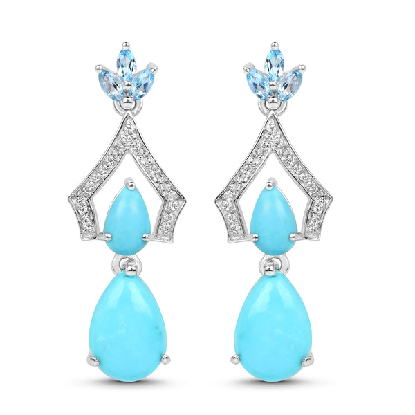 7.05 Carat Genuine Turquoise, Swiss Blue Topaz & White Topaz .925 Sterling Silver Earrings