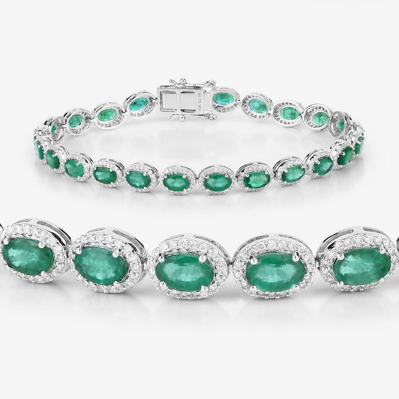 12.16 Carat Genuine Zambian Emerald and White Diamond 14K White Gold Bracelet