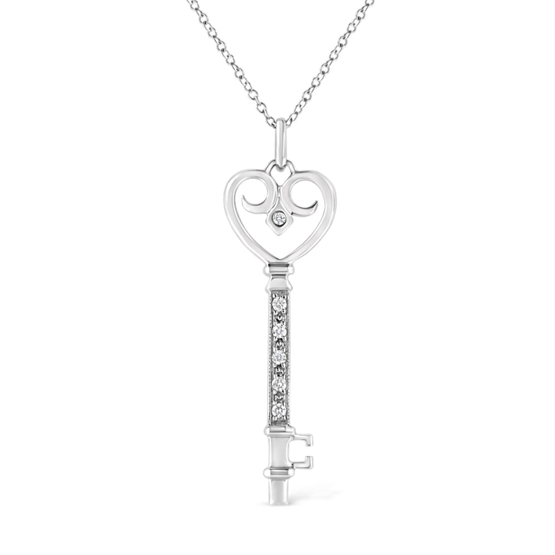 .925 Sterling Silver Pave and Bezel-Set Diamond Accent Key 18" Heart and Lock Pendant Necklace (K-L Color, I1-I2 Clarity)