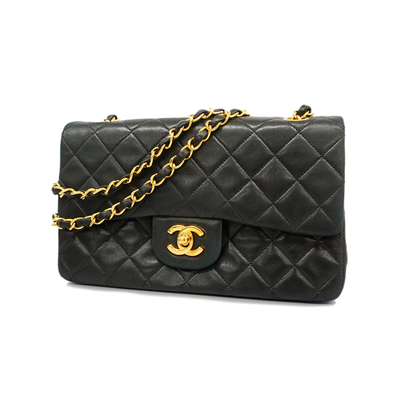 Auth Chanel Matelasse W Flap W Chain Womens Leather Shoulder Bag Black