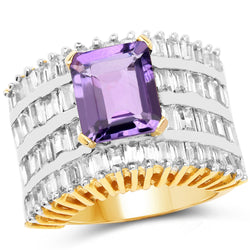 14K Yellow Gold Plated 5.15 Carat Amethyst and White Cubic Zircon Brass Ring