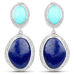 30.33 Carat Genuine Lapis, Turquoise and White Topaz .925 Sterling Silver Earrings