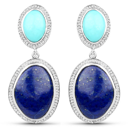 30.33 Carat Genuine Lapis, Turquoise and White Topaz .925 Sterling Silver Earrings