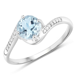 0.79 Carat Genuine Aquamarine and White Diamond 14K White Gold Ring
