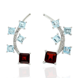Topaz Gemstone Red Garnet Ear Climbers Sterling Silver Handmade Jewelry