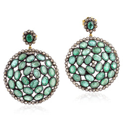 Natural Emerald Dangle Earrings 925 Silver 14k Yellow Gold Jewelry