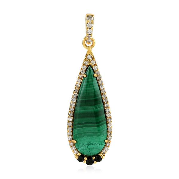 Teardrop Malachite Gemstone Pave Diamond Black Spinel Yellow Gold Pendant