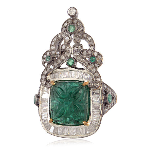 Carved Emerald Diamond Channel Setting Gold 925 Sterling Silver�Women Long Ring