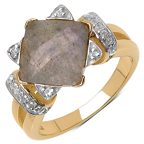 14K Yellow Gold Plated 3.32 Carat Genuine Labradorite & White Topaz .925 Sterling Silver Ring