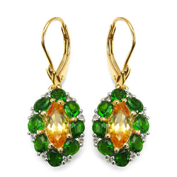 14K Yellow Gold Plated 4.72 Carat Genuine Citrine, Chrome Diopside & White Topaz .925 Sterling Silver Earrings