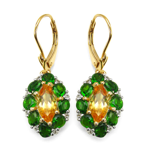 14K Yellow Gold Plated 4.72 Carat Genuine Citrine, Chrome Diopside & White Topaz .925 Sterling Silver Earrings