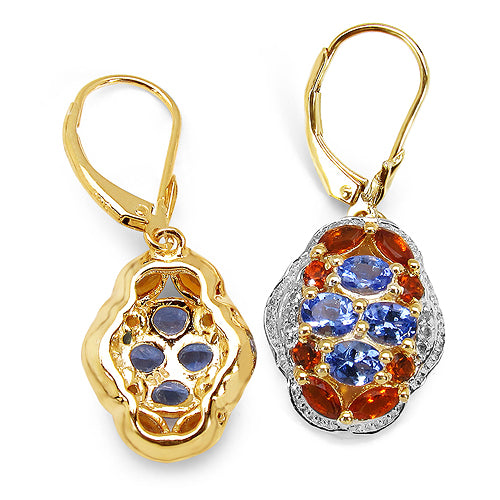 14K Yellow Gold Plated 2.22 Carat Genuine Tanzanite, Citrine & White Topaz .925 Sterling Silver Earrings