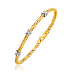 Basket Weave Bangle with Cross Diamond Accents in 14k Yellow Gold (4.0mm)