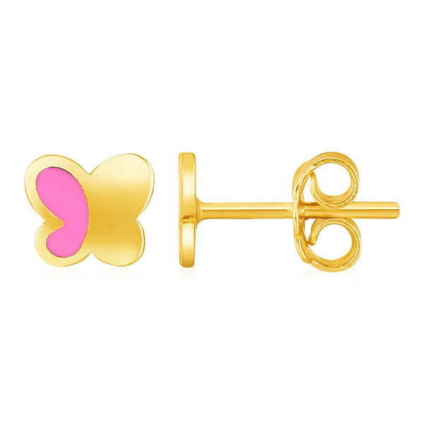 14k Yellow Gold and Enamel Pink Butterfly Stud Earrings