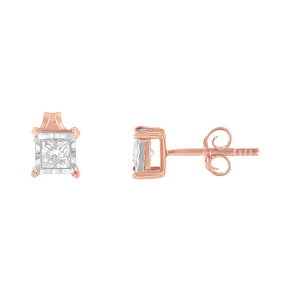 14K Rose Gold Plated Two-Tone .925 Sterling Silver 1/2 Cttw Princess-Cut Square Near Colorless Diamond Solitaire Miracle-Plate Stud Earrings (J-K Color, I2-I3 Clarity)