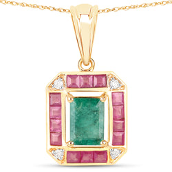 1.83 Carat Genuine Zambian Emerald, Ruby and White Diamond 14K Yellow Gold Pendant